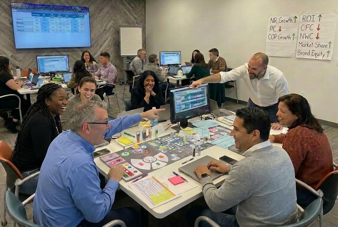 Business simulation training session with measurable results